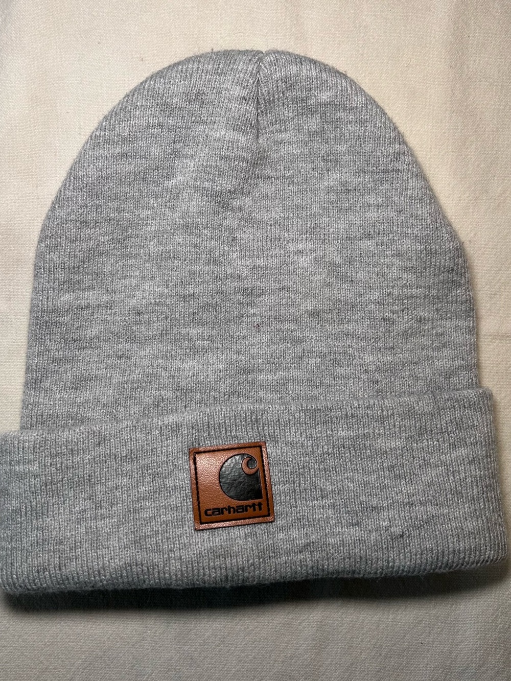 Carhartt Gray Knit Cuffed Beanie with Leather Logo Patch